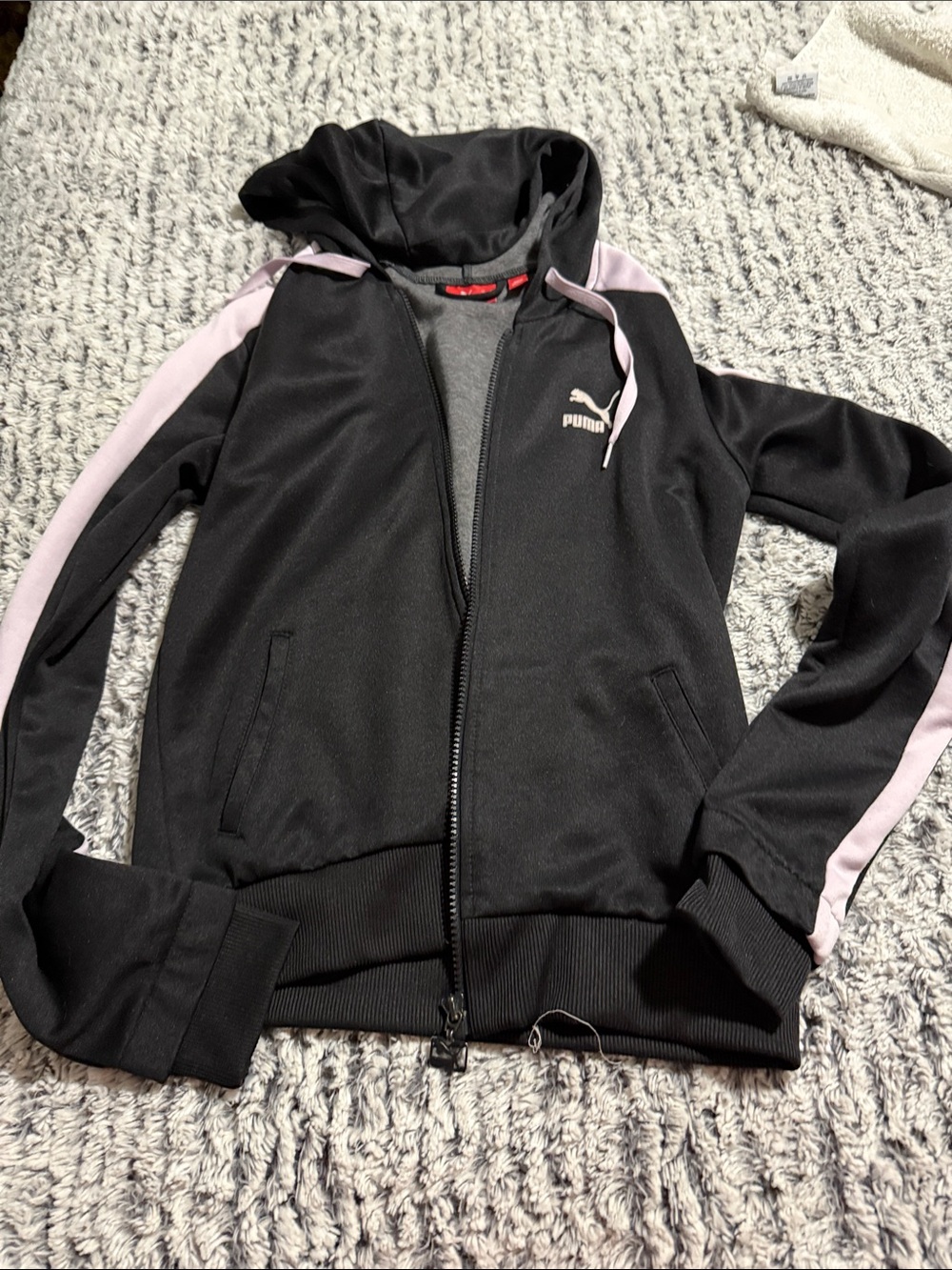 Puma Black Zip Hoodie Jacket with Light Pink Sleeve Stripes